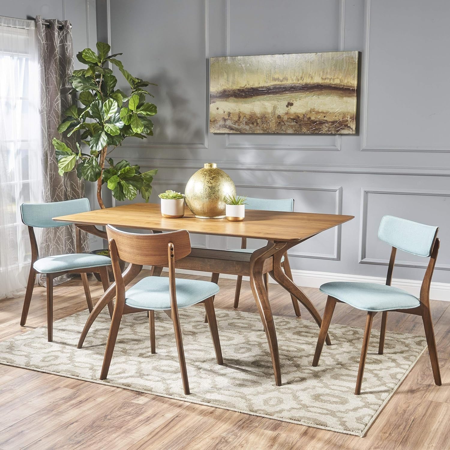 Nissie Mid-Century Wood Dining Set with Fabric Chairs, 5-Pcs Set, Natural Walnut Finish / Mint