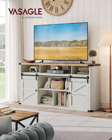 TV Stand for Tvs up to 65 Inches, Farmhouse Entertainment Center with Sliding Barn Doors, TV Console Table for Living Room, Rustic White and Honey Brown ULTV322W73