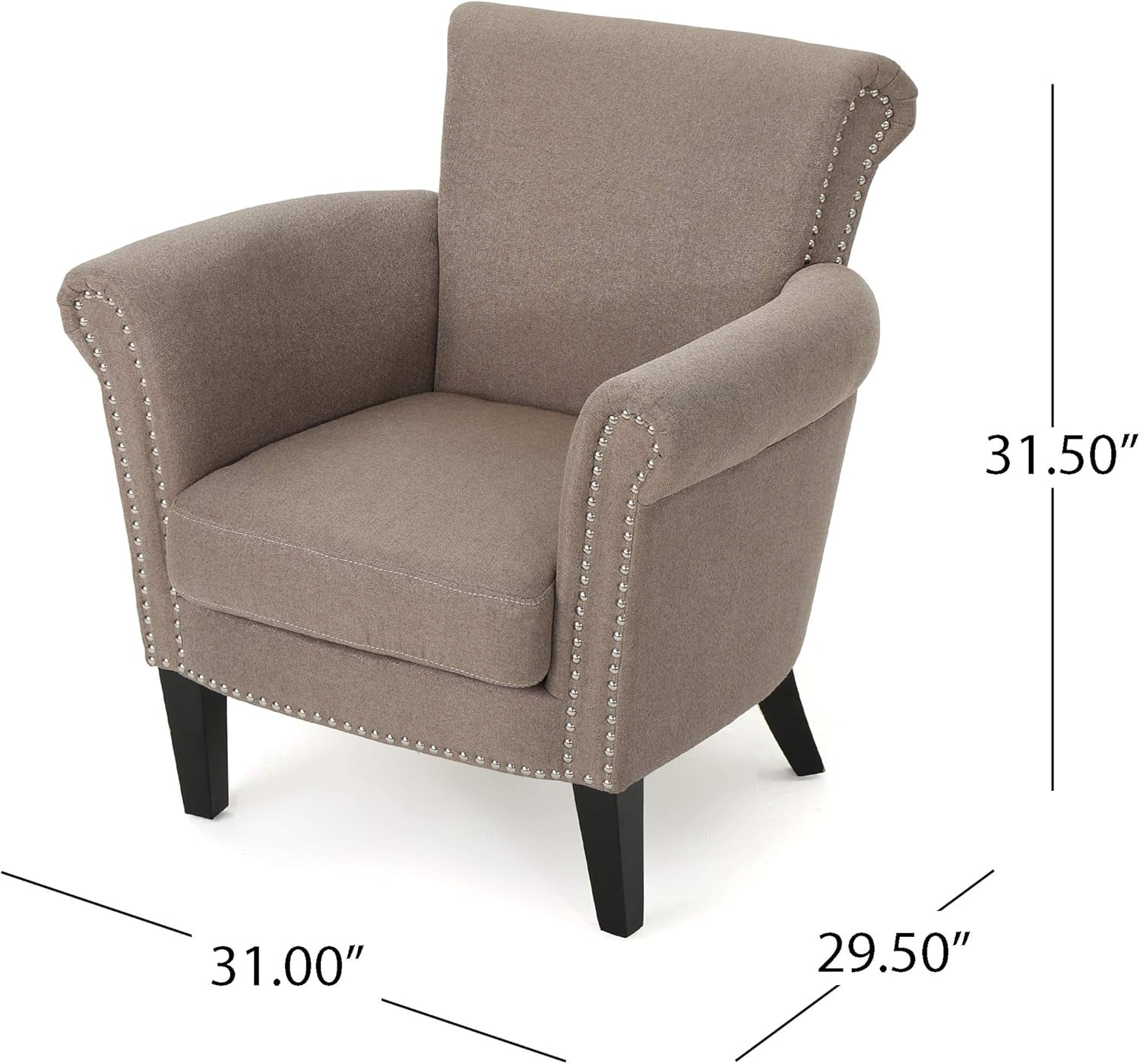 Brice Vintage Scroll Arm Studded Fabric Club Chair, Light Coffee / Dark Brown, 31D X 29.5W X 31.5H In