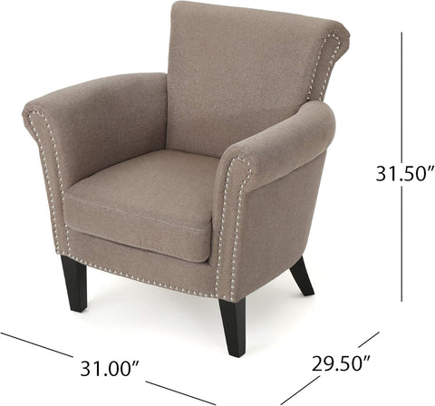 Brice Vintage Scroll Arm Studded Fabric Club Chair, Light Coffee / Dark Brown, 31D X 29.5W X 31.5H In