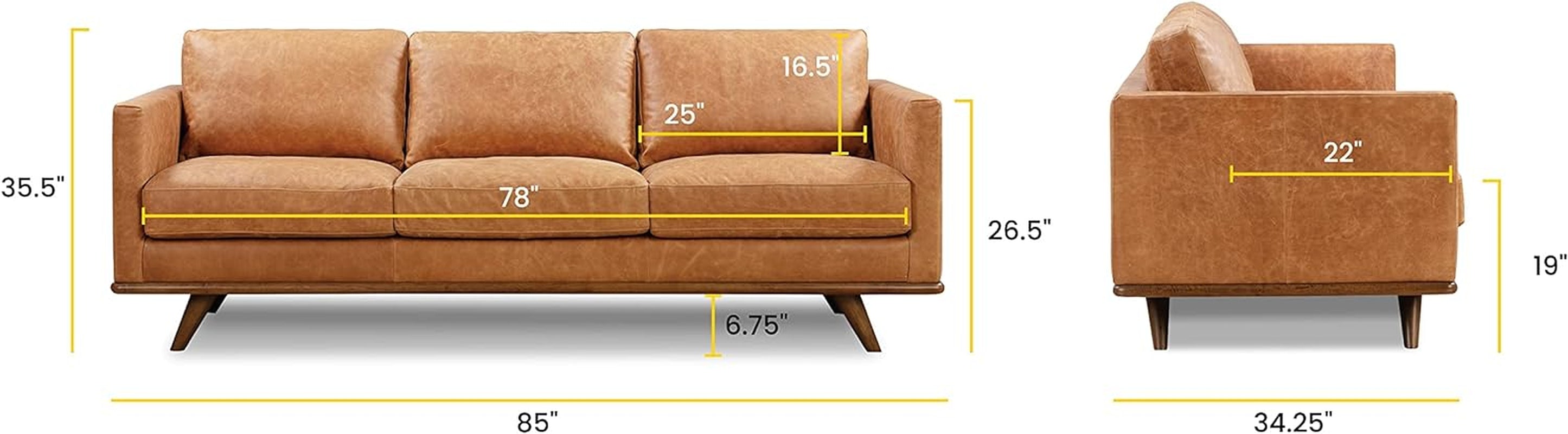 Nolita 85" Sofa in Full-Grain Pure-Aniline Italian Tanned Leather in Cognac Tan