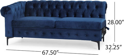 Frieda Velvet 3 Seater Sectional Sofa with Chaise Lounge, Midnight Blue, Black