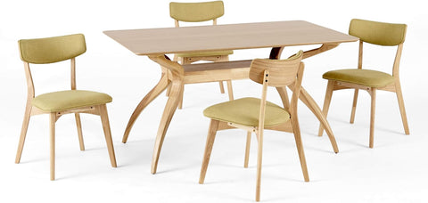 Nissie Mid-Century Wood Dining Set with Fabric Chairs, 5-Pcs Set, Natural Oak Finish / Green Tea