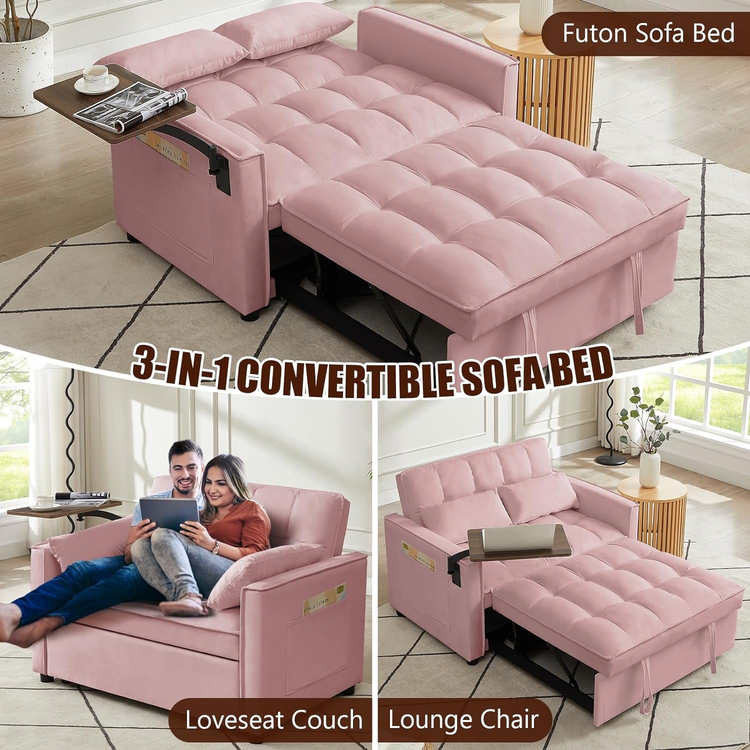 3 in 1 Sleeper Sofa Couch Bed, Pull Out Loveseat with Storage, Full Size Velvet Convertible Chair with 2 Pockets & 2 Pillows for Living Room