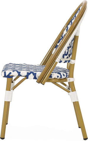Anastasia Outdoor French Bistro Chair (Set of 2), Blue + White + Bamboo Print Finish