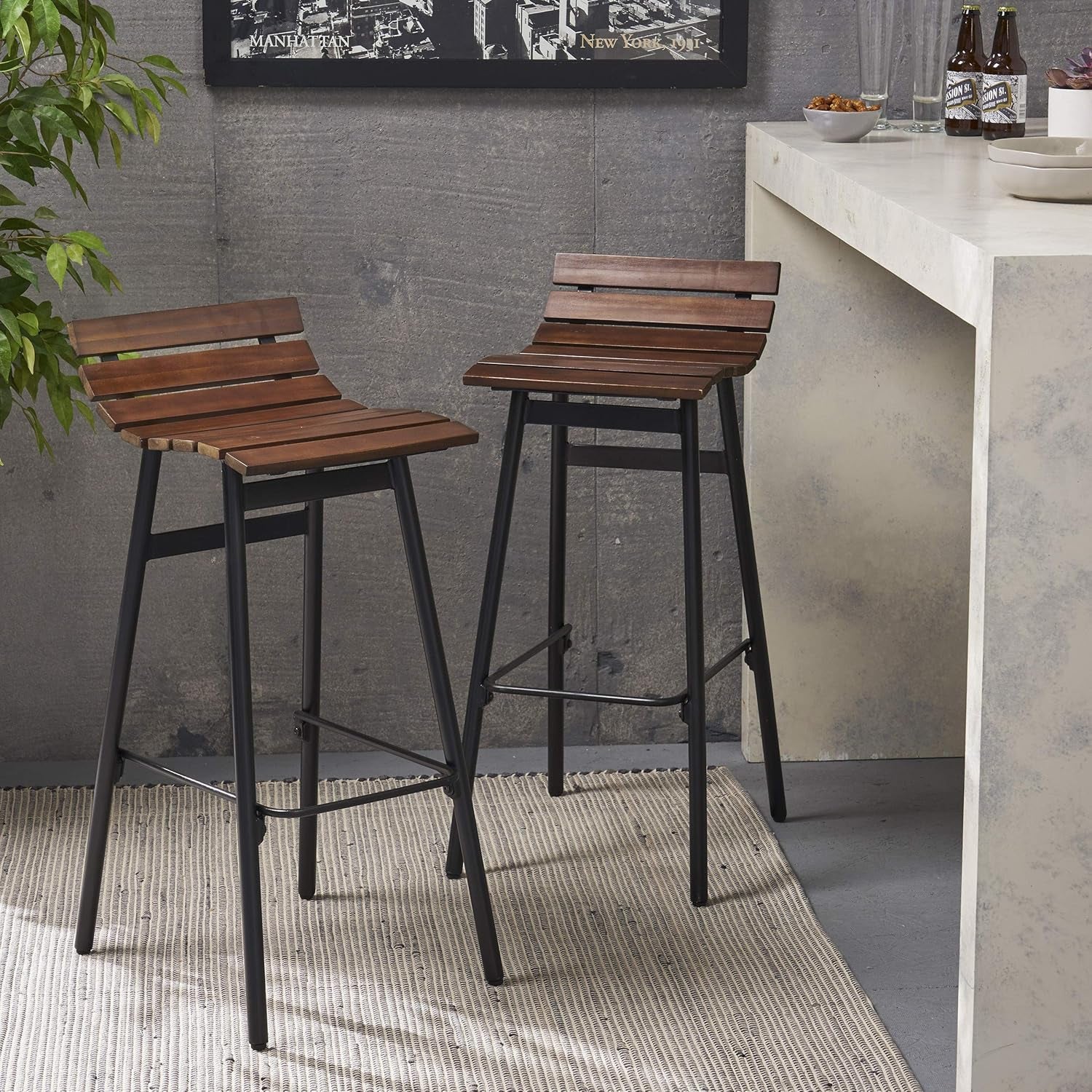 309094 Camron 35" Wooden Barstool (Set of 2), Dark Brown and Black Finish