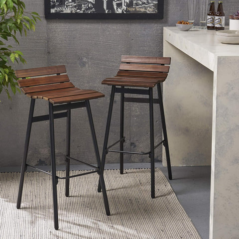 309094 Camron 35" Wooden Barstool (Set of 2), Dark Brown and Black Finish