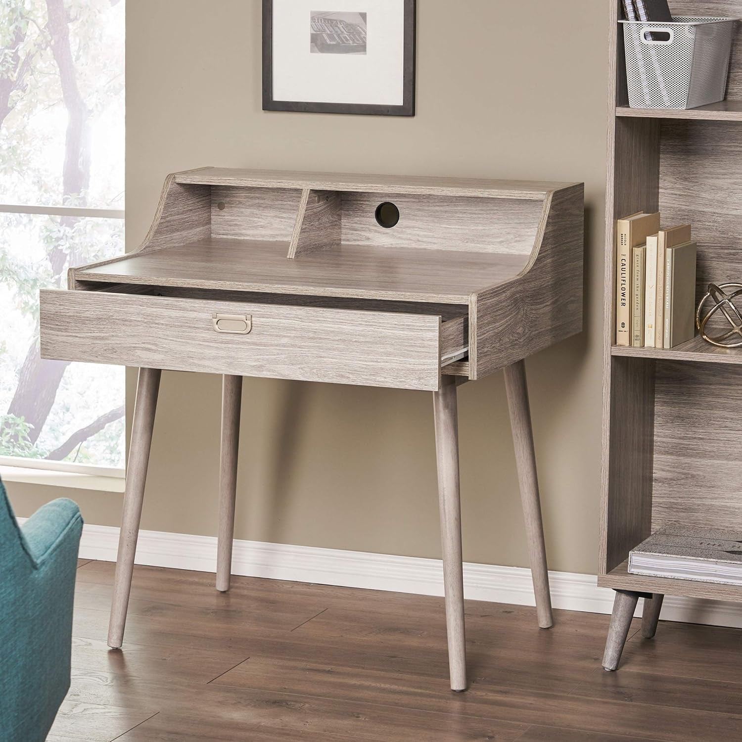 Ellison Mid-Century Modern Fiberboard Home Office Desk, Grey Oak Finish