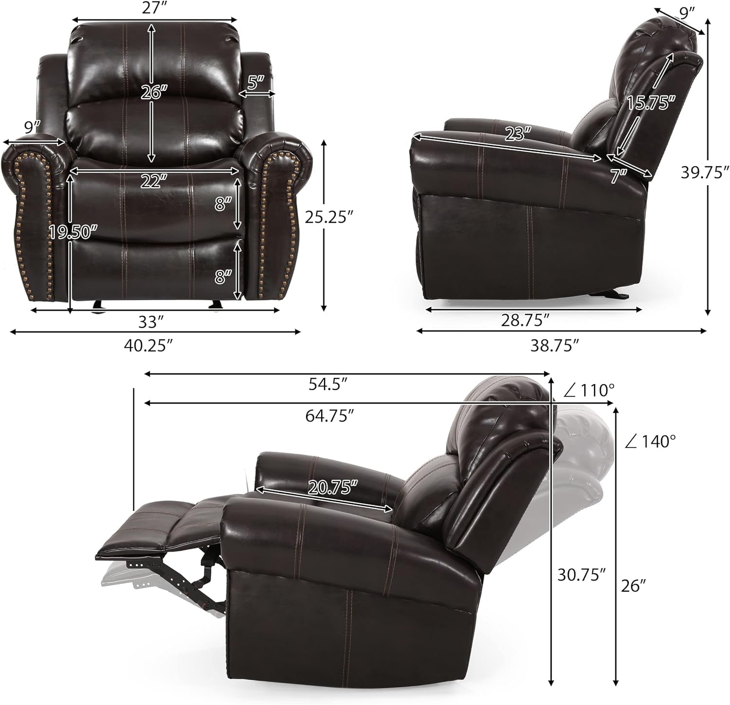 Gavin Bonded Leather Gliding Recliner, Brown, 38.75D X 40.25W X 39.75H In