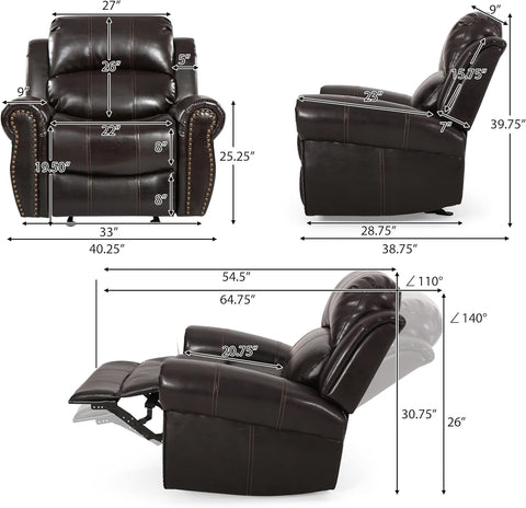 Gavin Bonded Leather Gliding Recliner, Brown, 38.75D X 40.25W X 39.75H In