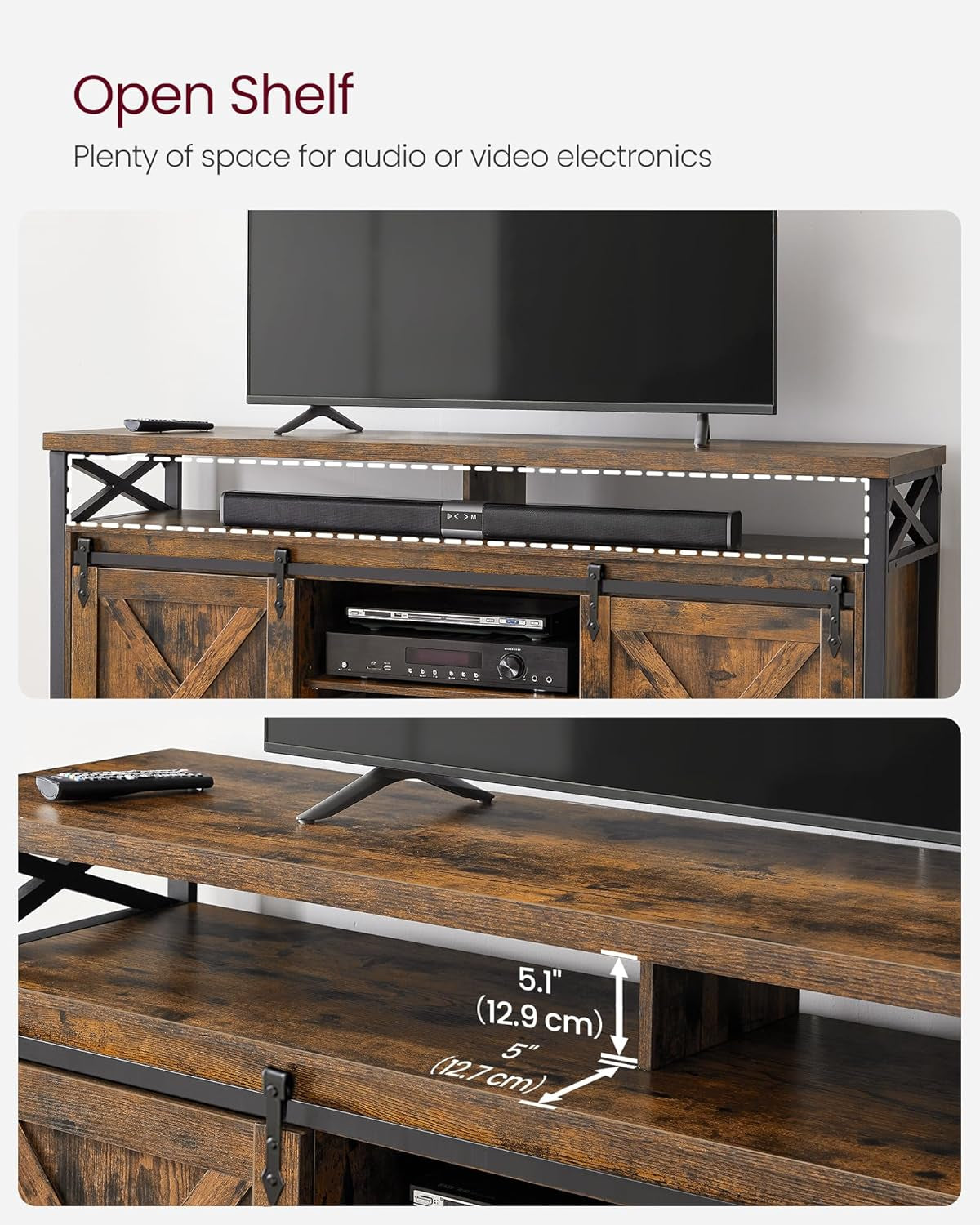 TV Stand for 65 Inch TV, Entertainment Center, TV Table and Console, TV Cabinet with Adjustable Shelves, Industrial Design, Rustic Brown and Black ULTV071B01