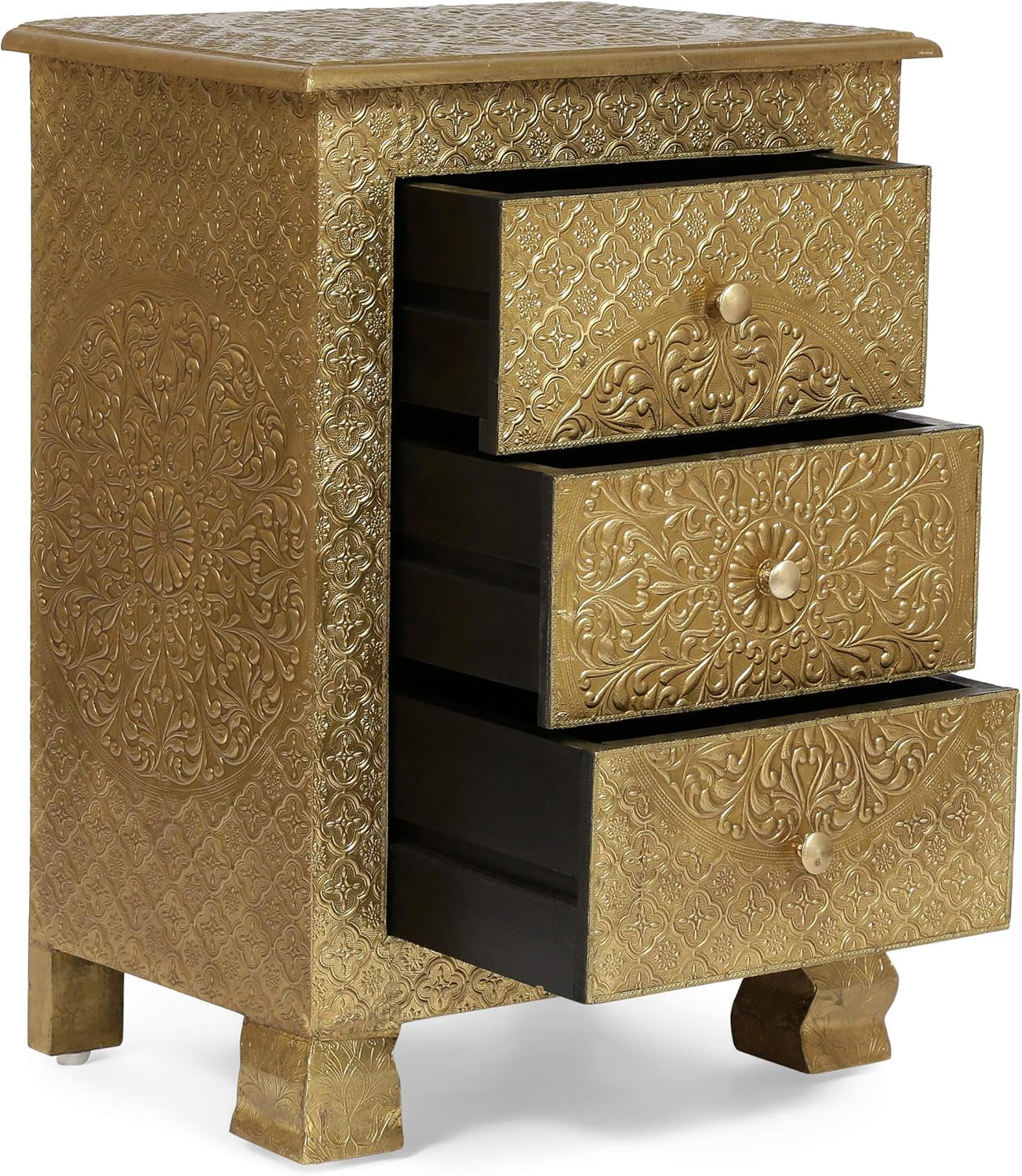 Upson Handcrafted Boho 3 Drawer Nightstand, Gold