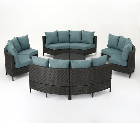 Newton Outdoor 16-Seater Wicker Sectional Sofa Set with Water Resistant Cushions, Grey / Teal