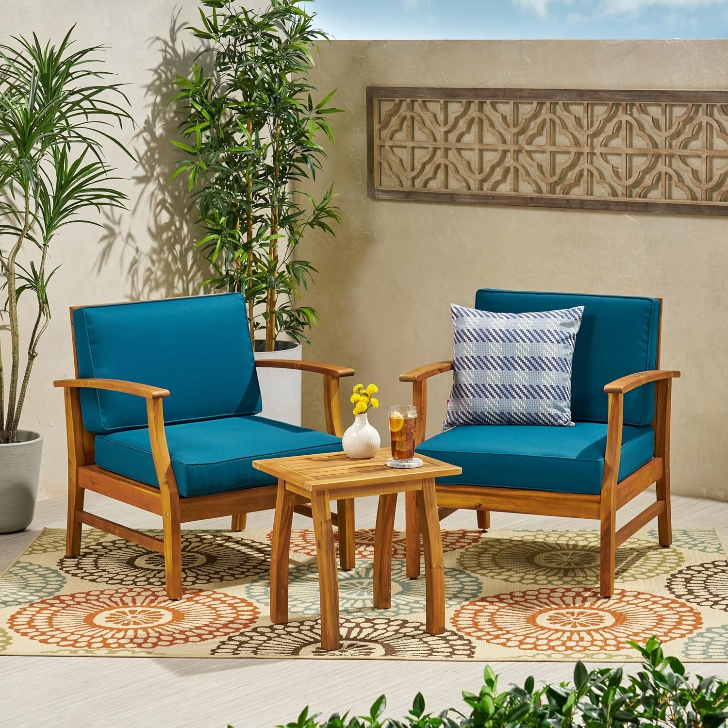 Perla Outdoor 2 Seater Acacia Wood Bistro Set with Cushions, 28.25 "W X 28 "D X 32.75 "H, Teak + Blue