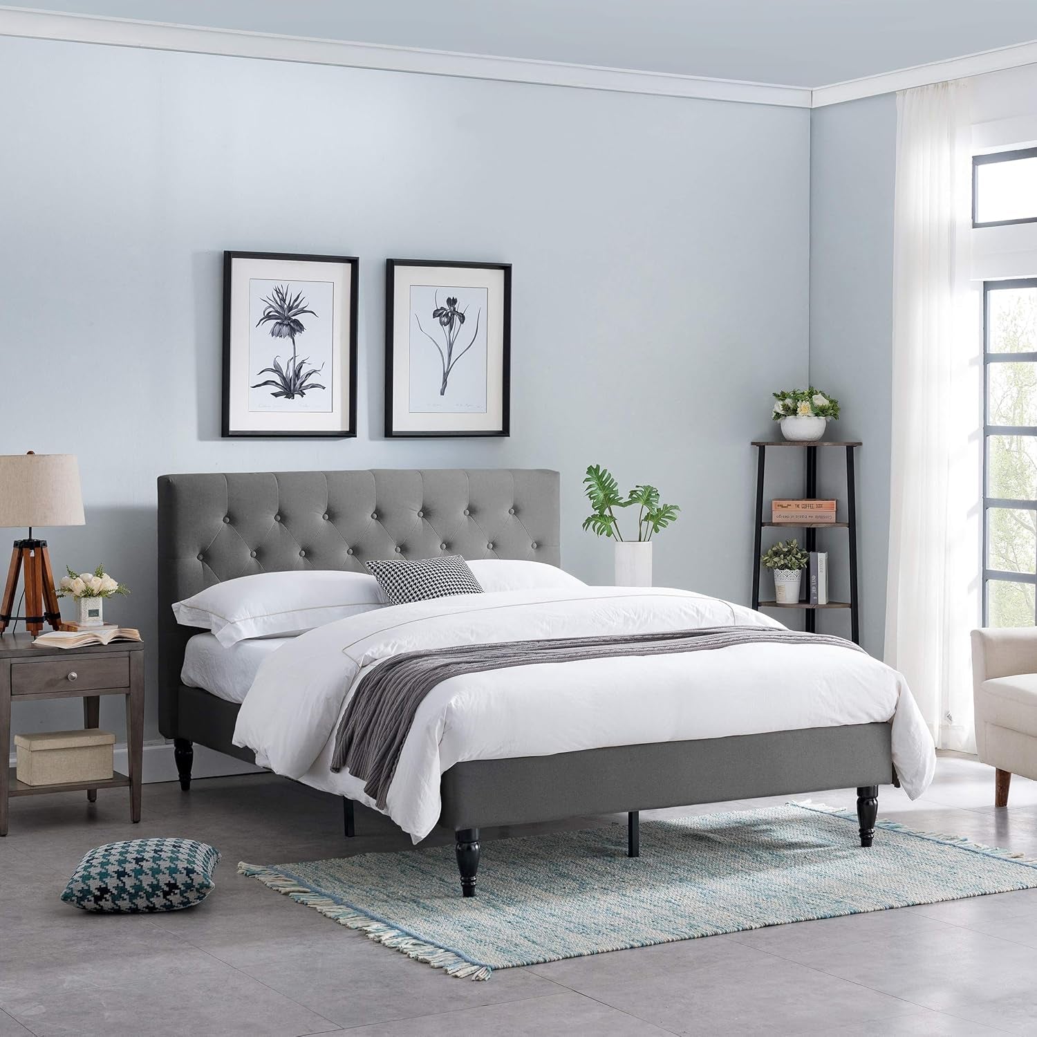 Agnes Fully-Upholstered Queen-Size Platform Bed Frame, Low-Profile, Contemporary, Charcoal Gray, Dark Brown