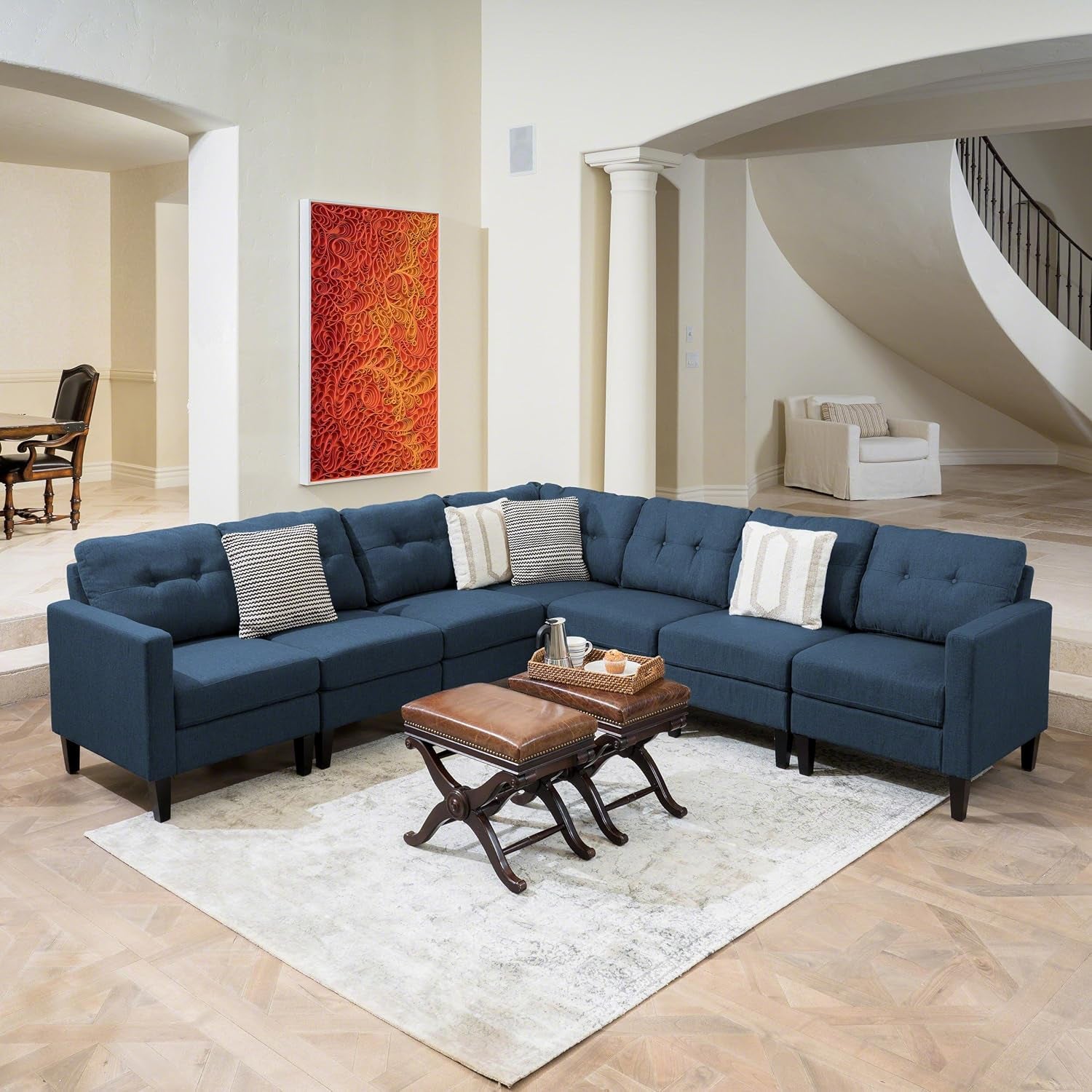 Emmie Mid-Century Modern 7-Piece Extended Sectional Sofa, Navy Blue / Dark Brown