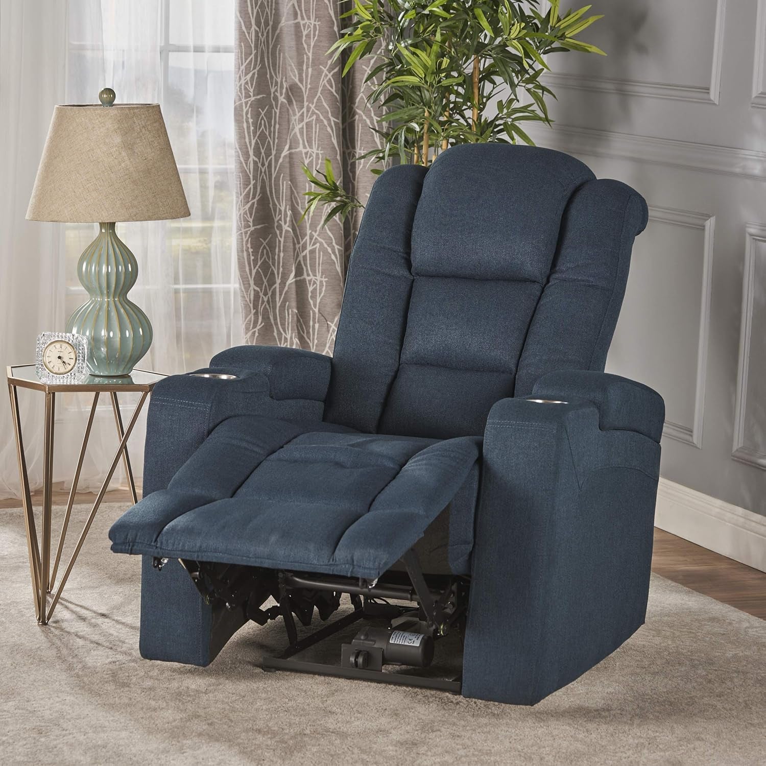 Gdfstudio Everette Power Motion Recliner with USB Charging Port&Hidden Arm Storage,Assisted Reclining Furniture for Elderly&Disabled-Durable Tufted Navy Blue Fabric