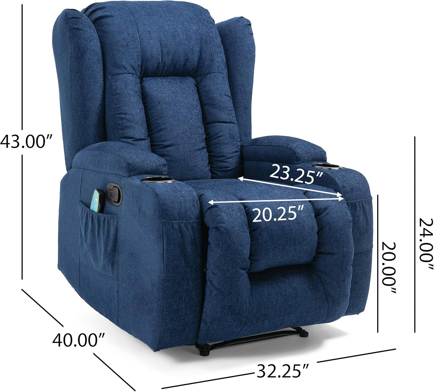 Lavonia Massage Recliner, Navy Blue + Black 40D X 32.25W X 43H In