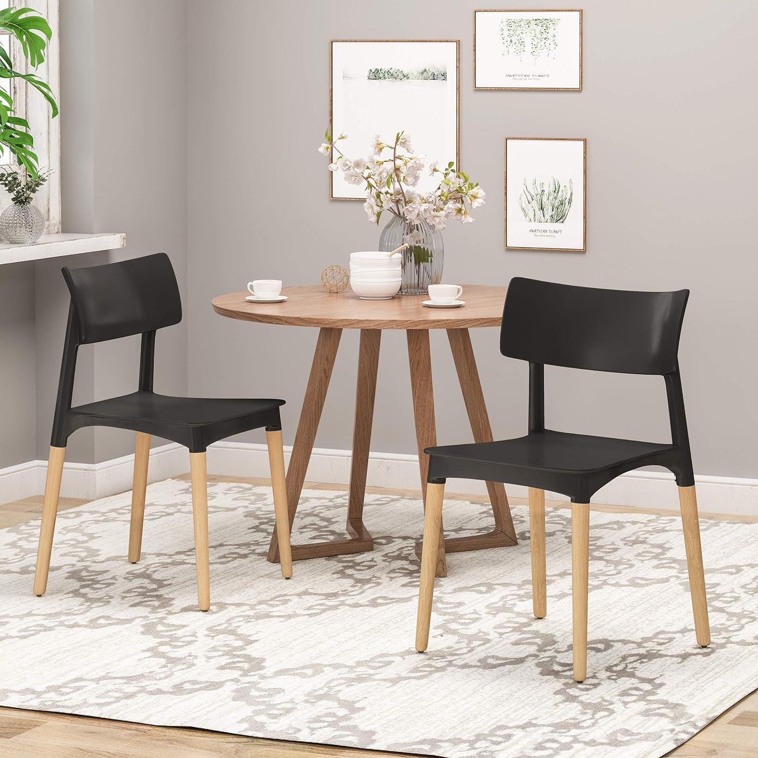 Isabel Modern Dining Chair with Beech Wood Legs (Set of 2), Black and Natural