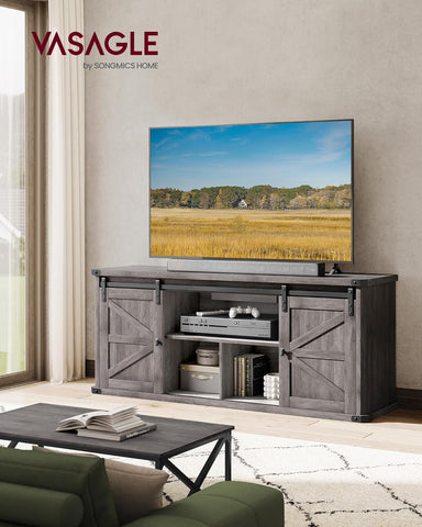 TV Stand for Tvs up to 65 Inches, Farmhouse Entertainment Center with Sliding Barn Doors, TV Console Table for Living Room, Misty Gray ULTV324G68