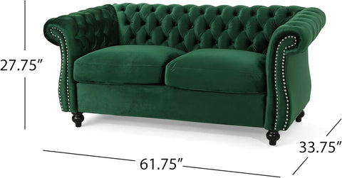 Karen Traditional Chesterfield Loveseat Sofa, Emerald and Dark Brown, 61.75 X 33.75 X 27.75