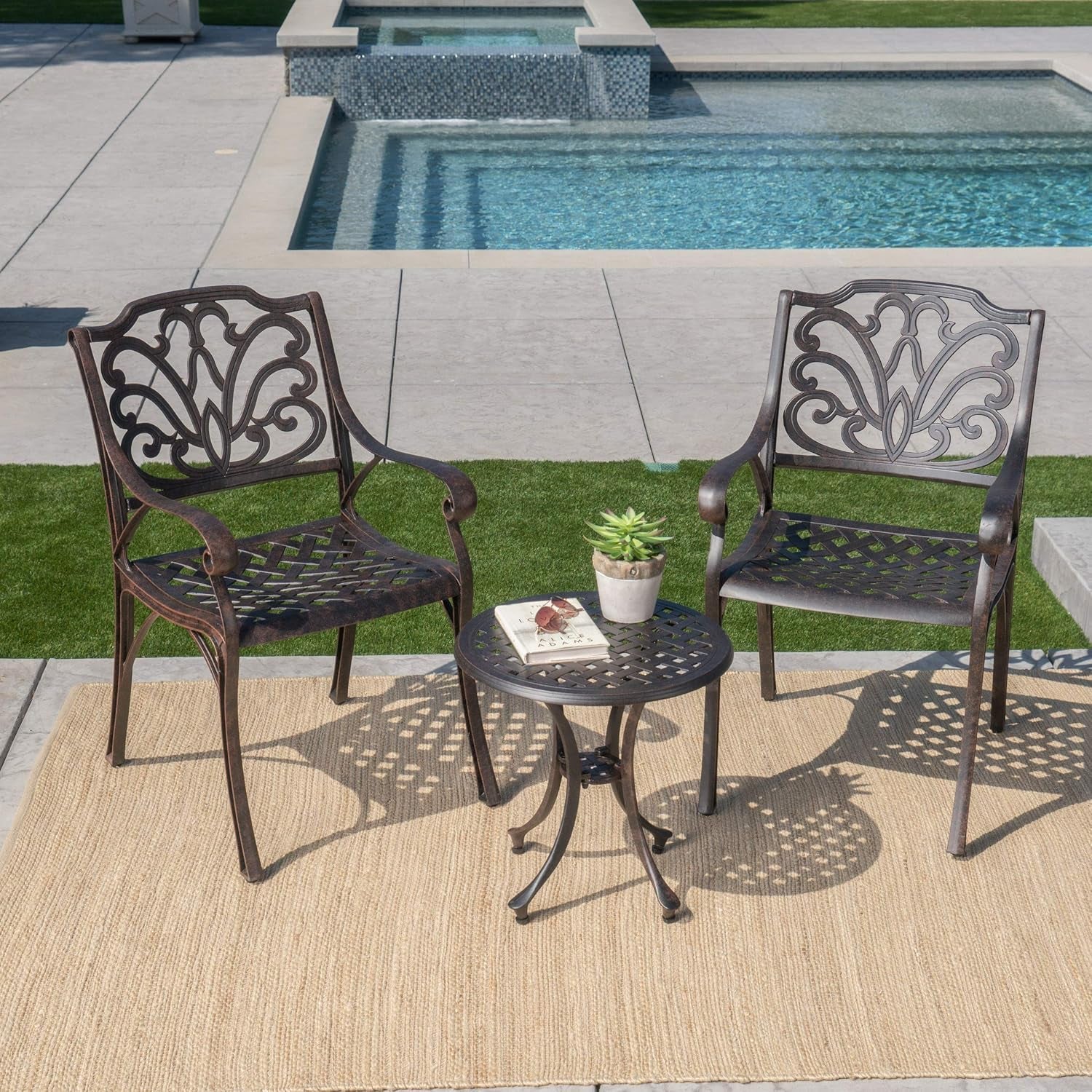 Lola Outdoor Cast Aluminum Chat Set, 3-Pcs Set, Bronze Finished