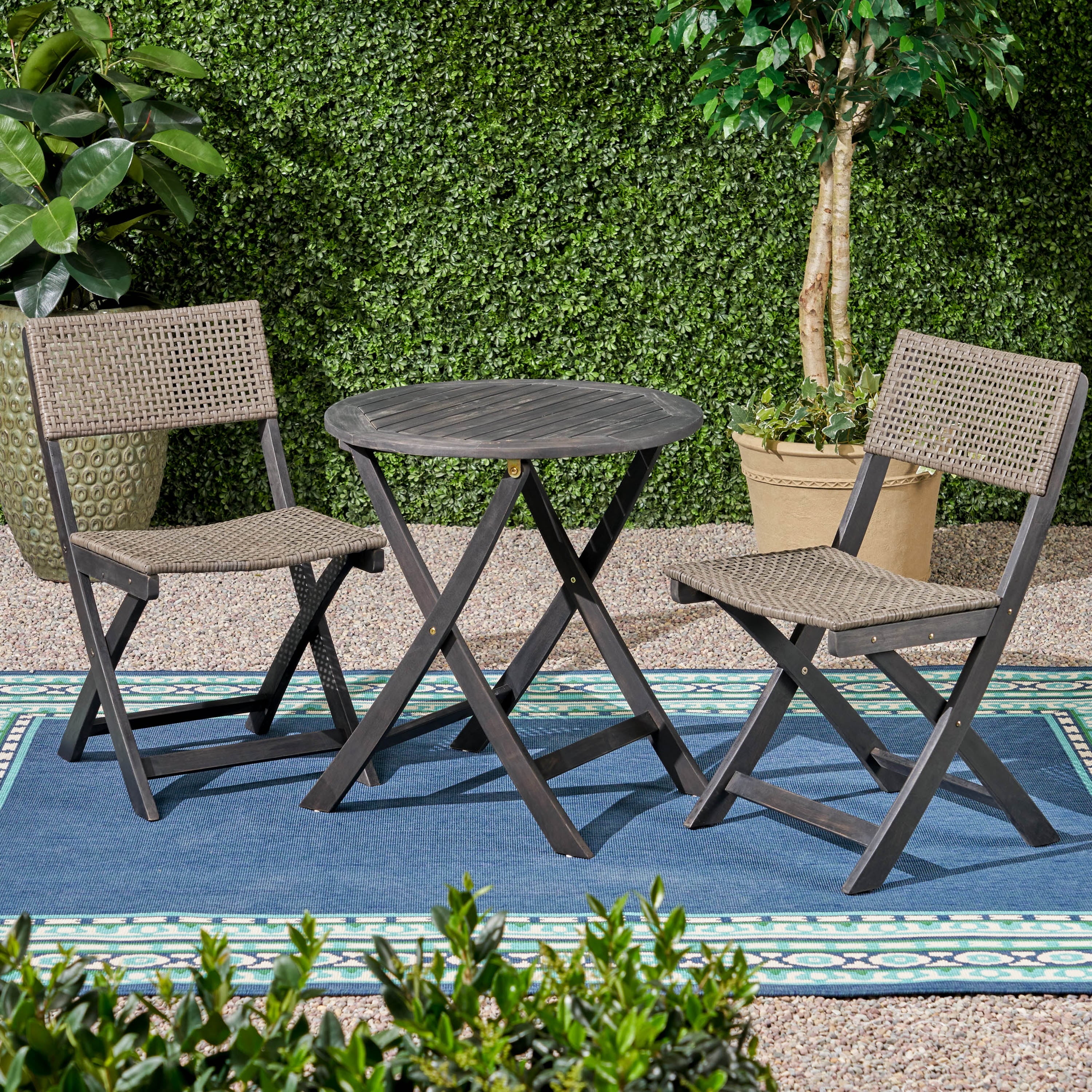 Brooke Outdoor Acacia Wood and Wicker 3 Piece Folding Bistro Set, Dark Gray and Brown