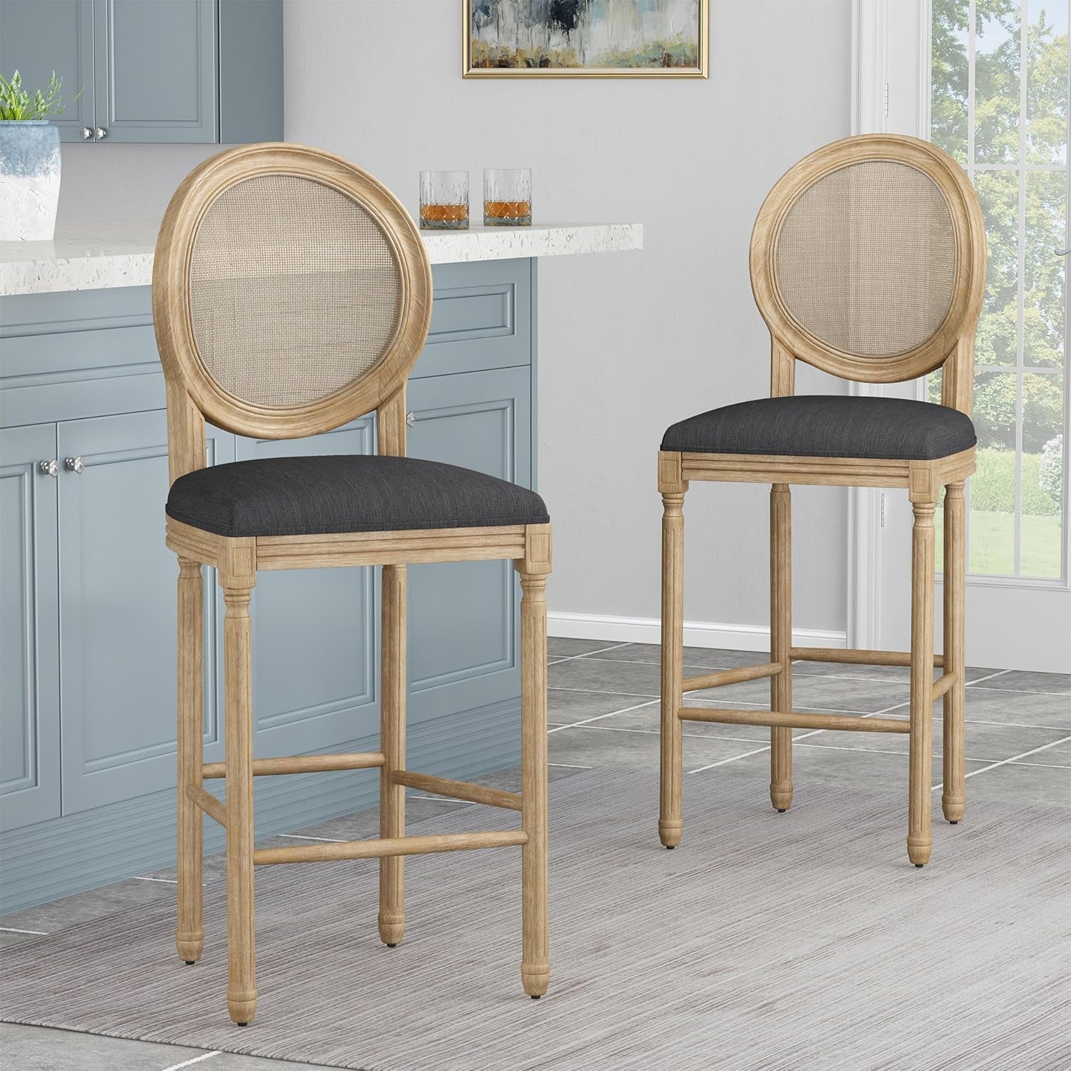 Kenny French Country Wooden Barstools with Upholstered Seating (Set of 2), Charcoal and Natural