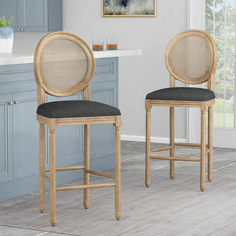 Kenny French Country Wooden Barstools with Upholstered Seating (Set of 2), Charcoal and Natural