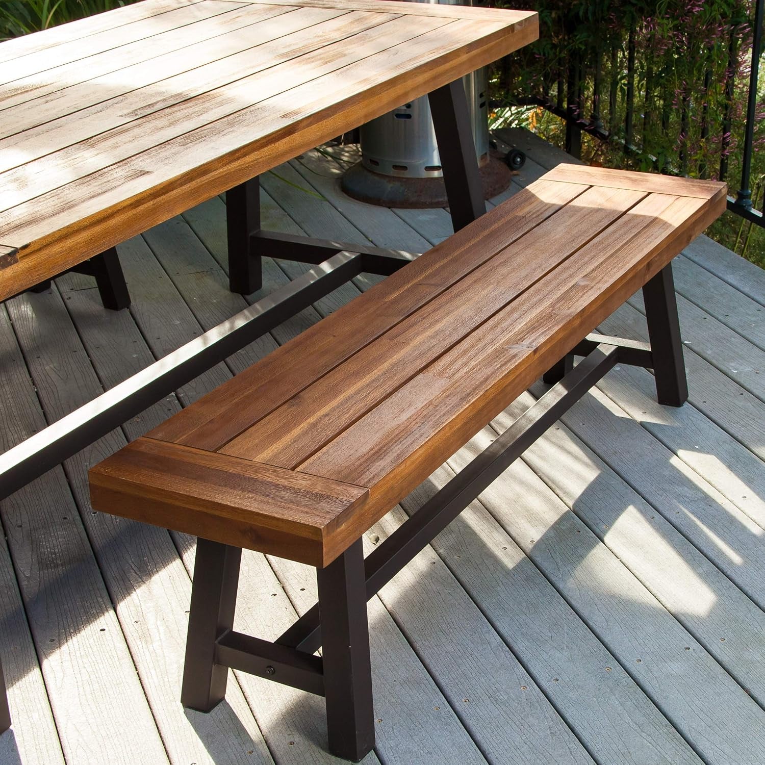 Bowman Wood Outdoor Picnic Table Set | Perfect for Dining, Brown + Black Rustic Metal