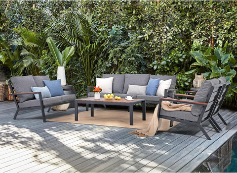 Aluminum Patio Furniture Set with FSC Certified Solid Wood Top Armrest & Coffee Table, Outdoor Deep Seating Sectional Sofa, 5 Piece Conversation Sets W/Removable Cushion, Dark Grey