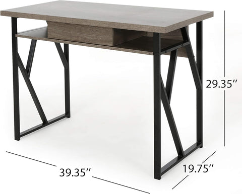 Janet Modern Faux Wood Writing Desk, Dark Gray, Black