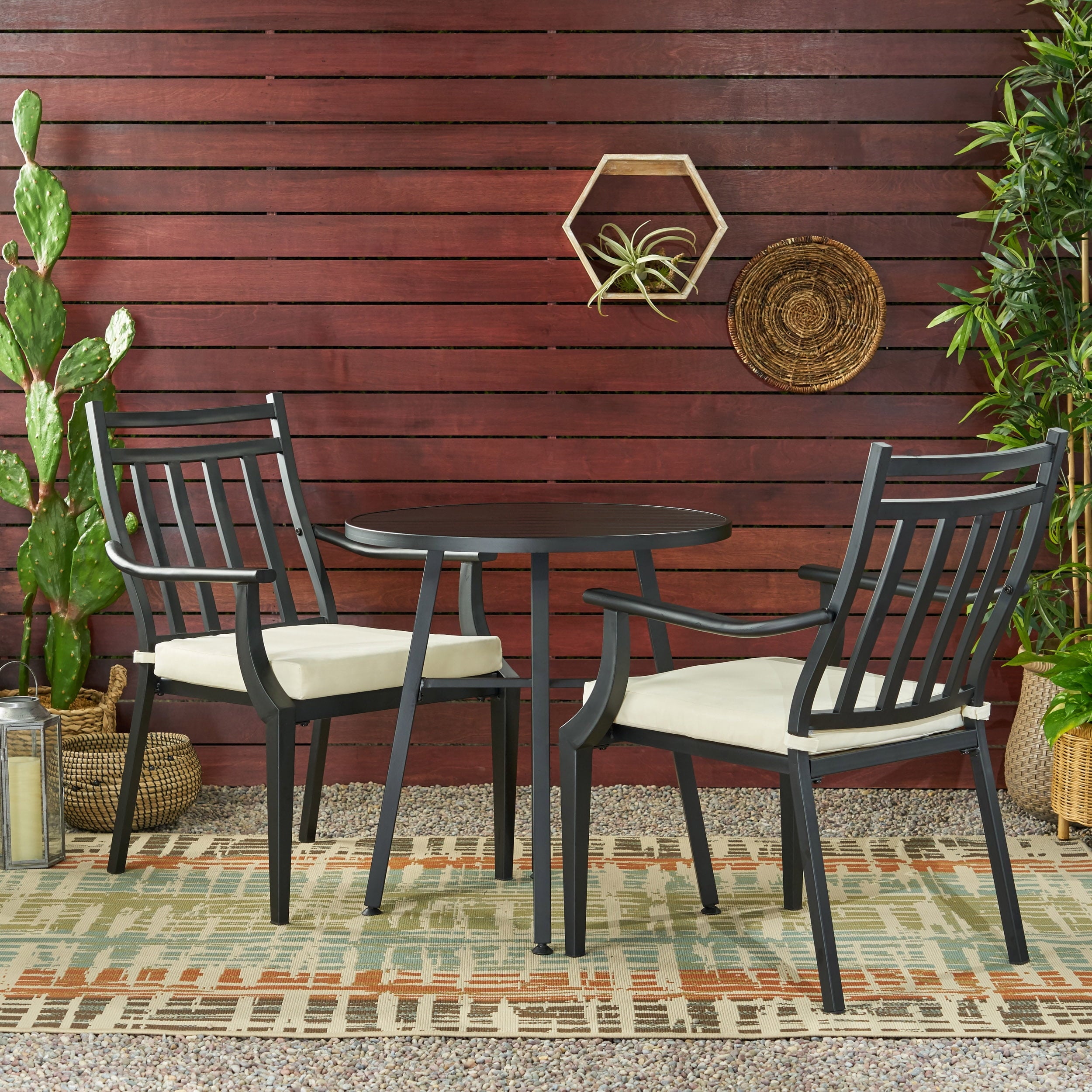 Brandywine Outdoor 3 Piece Bistro Set with Cushion, Matte Black and Beige