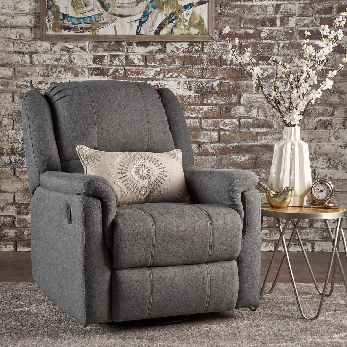 Jemma Tufted Fabric Swivel Gliding Recliner Chair (Charcoal)