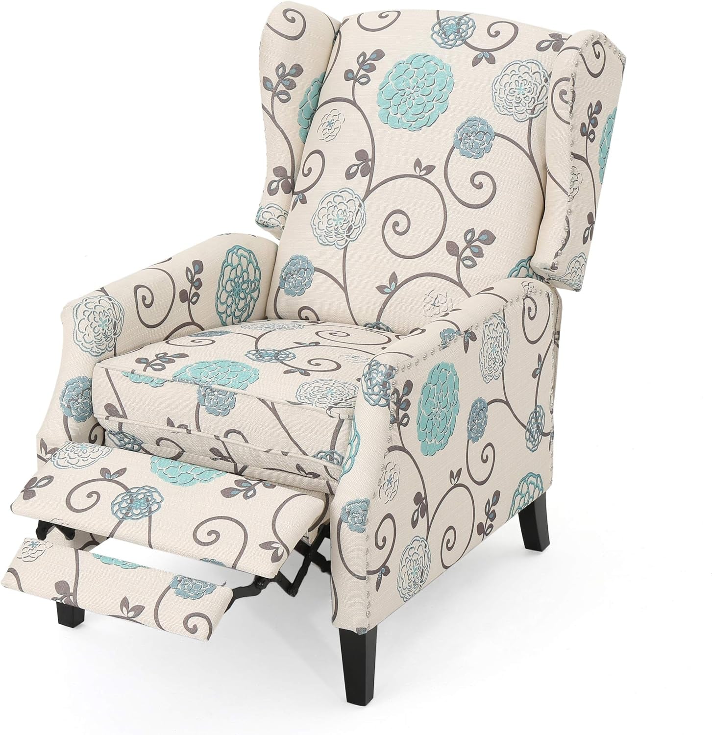 Ellyn Fabric Recliner (Set of 2), Light Beige with Blue Floral, Dark Brown