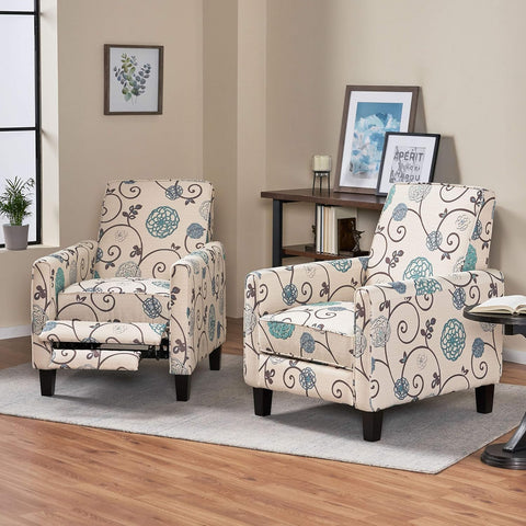 Emmie Fabric Recliner (Set of 2), Light Beige with Blue Floral, Dark Brown