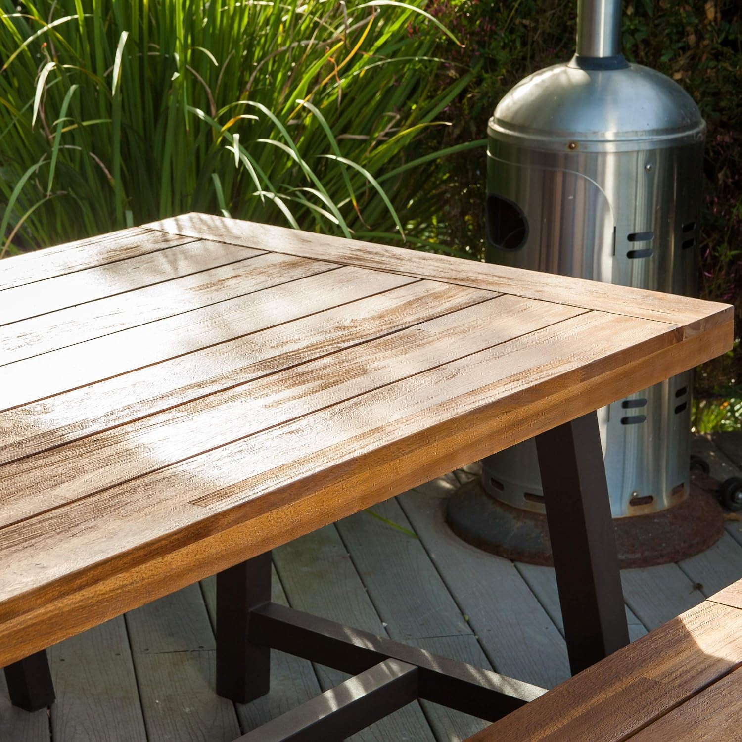 Bowman Wood Outdoor Picnic Table Set | Perfect for Dining, Brown + Black Rustic Metal