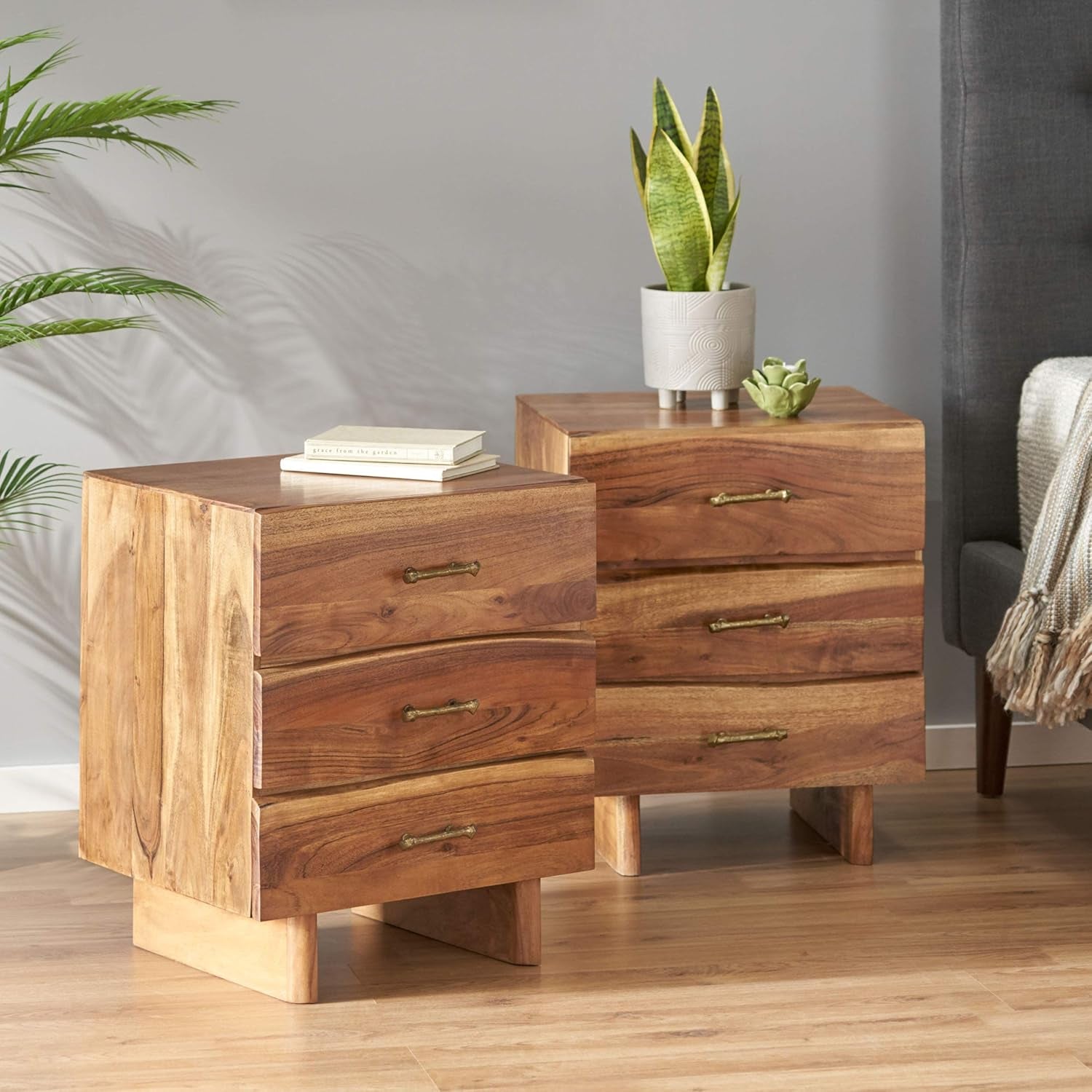 Terrell Handcrafted Boho Acacia Wood 3 Drawer Nightstand (Set of 2), Dark Natural