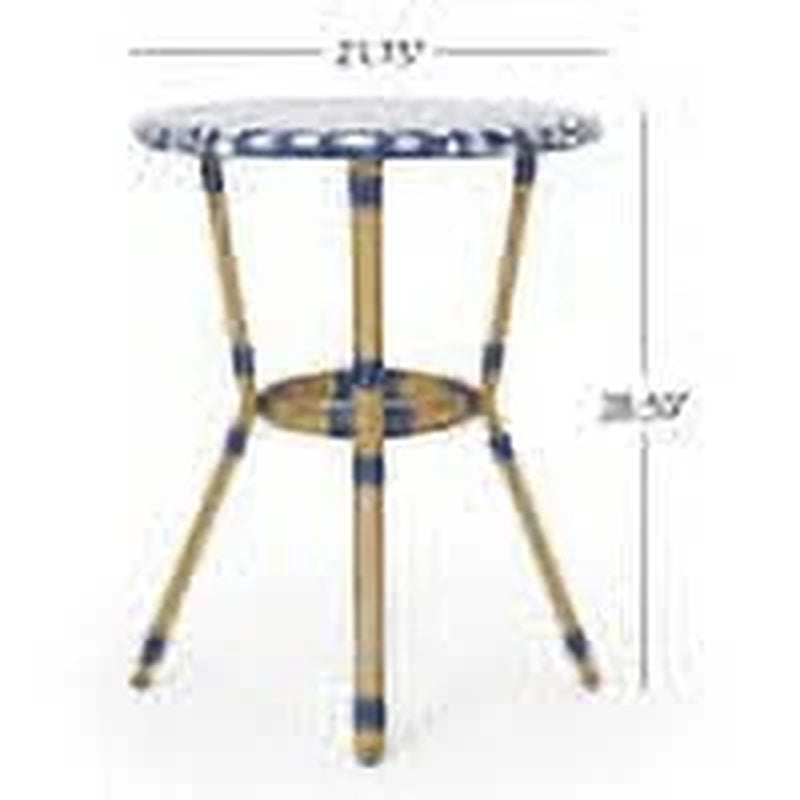 Deshler Outdoor Aluminum 3 Piece French Bistro Set, Navy Blue, White, and Bamboo Finish