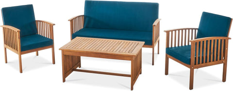 Carolina Outdoor 4 Piece Patina Acacia Wood Sofa Conversation Patio Furniture Sets with Cushions, 27.50" D X 24.00" W X 33.25" H, Dark Teal/Brown