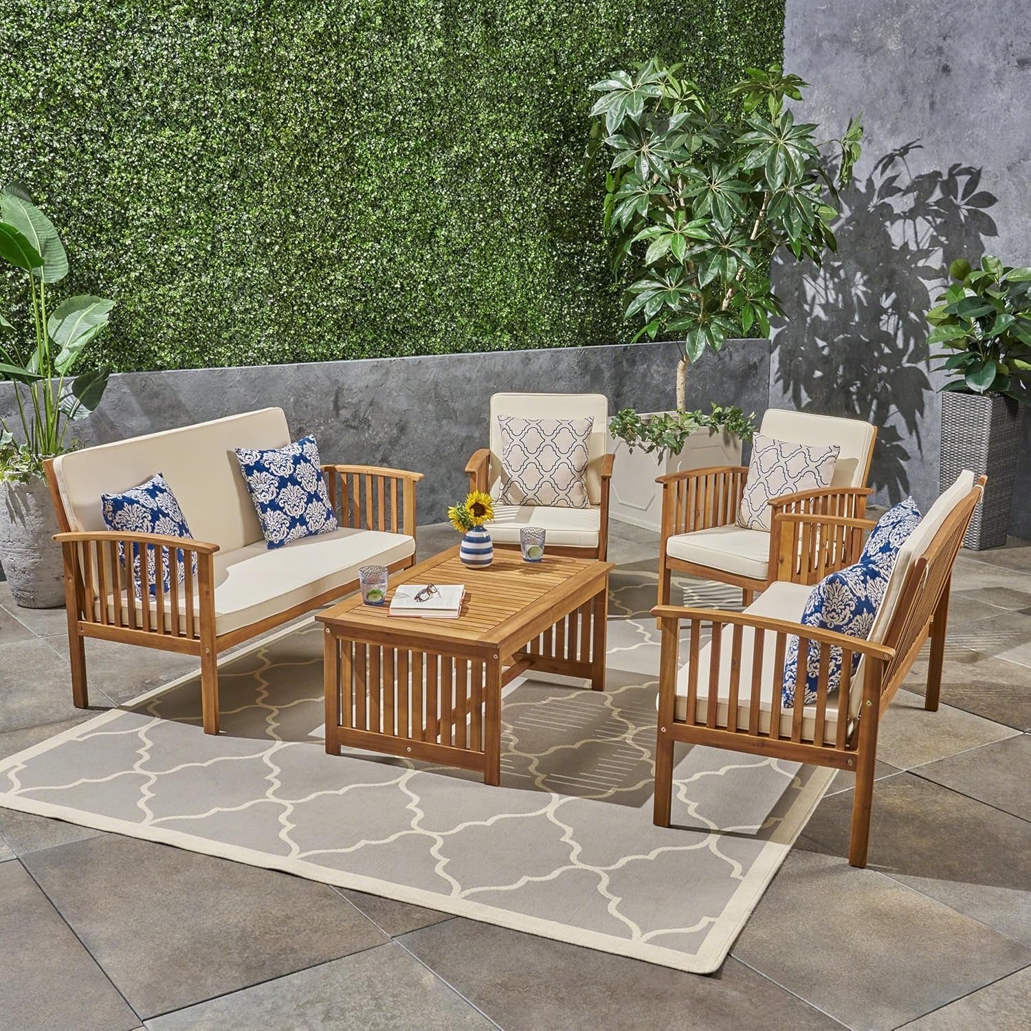 Carolina Outdoor 5-Piece Acacia Wood Sofa Conversation Set, 26.50 "W X 55.00 "D X 33.50 "H, Brown + Cream