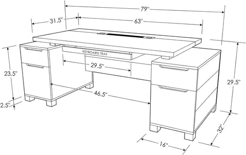 Furniture 79" Modern Ford Executive Desk with Filing Cabinets - Dark Wood