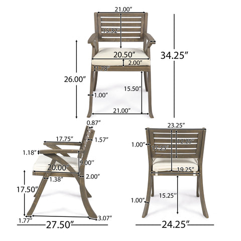 Baia Outdoor Acacia Wood 3 Piece Bistro Set with Cushion, Gray and Cream