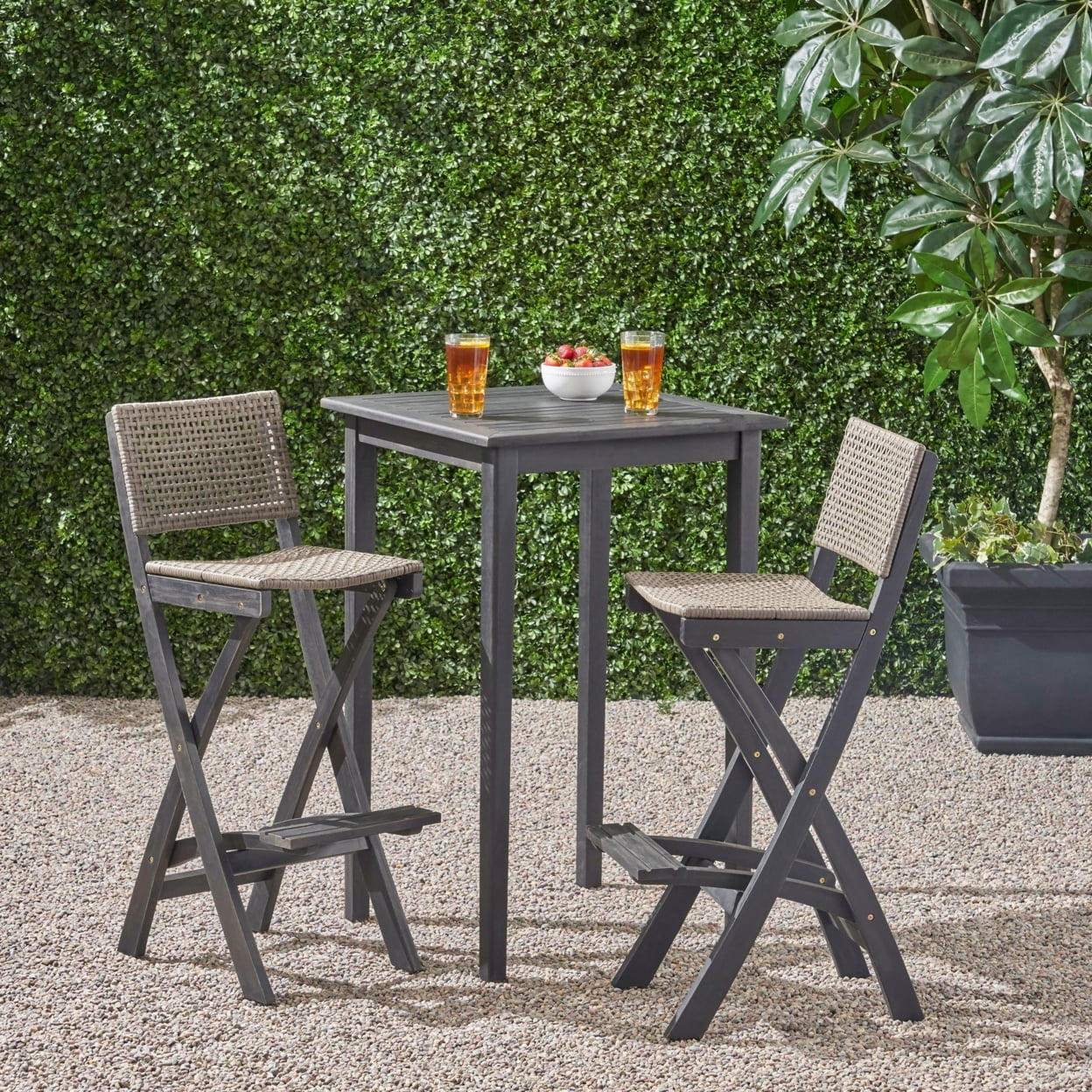 Omaha Outdoor Acacia Wood and Wicker 3 Piece Square Bar Bistro Set, Dark Gray and Brown