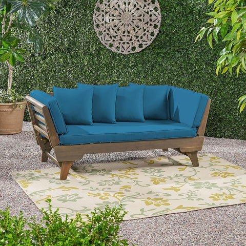 Aldrich Outdoor Acacia Wood Expandable Daybed with Water Resistant Cushions, Dark Teal and Gray