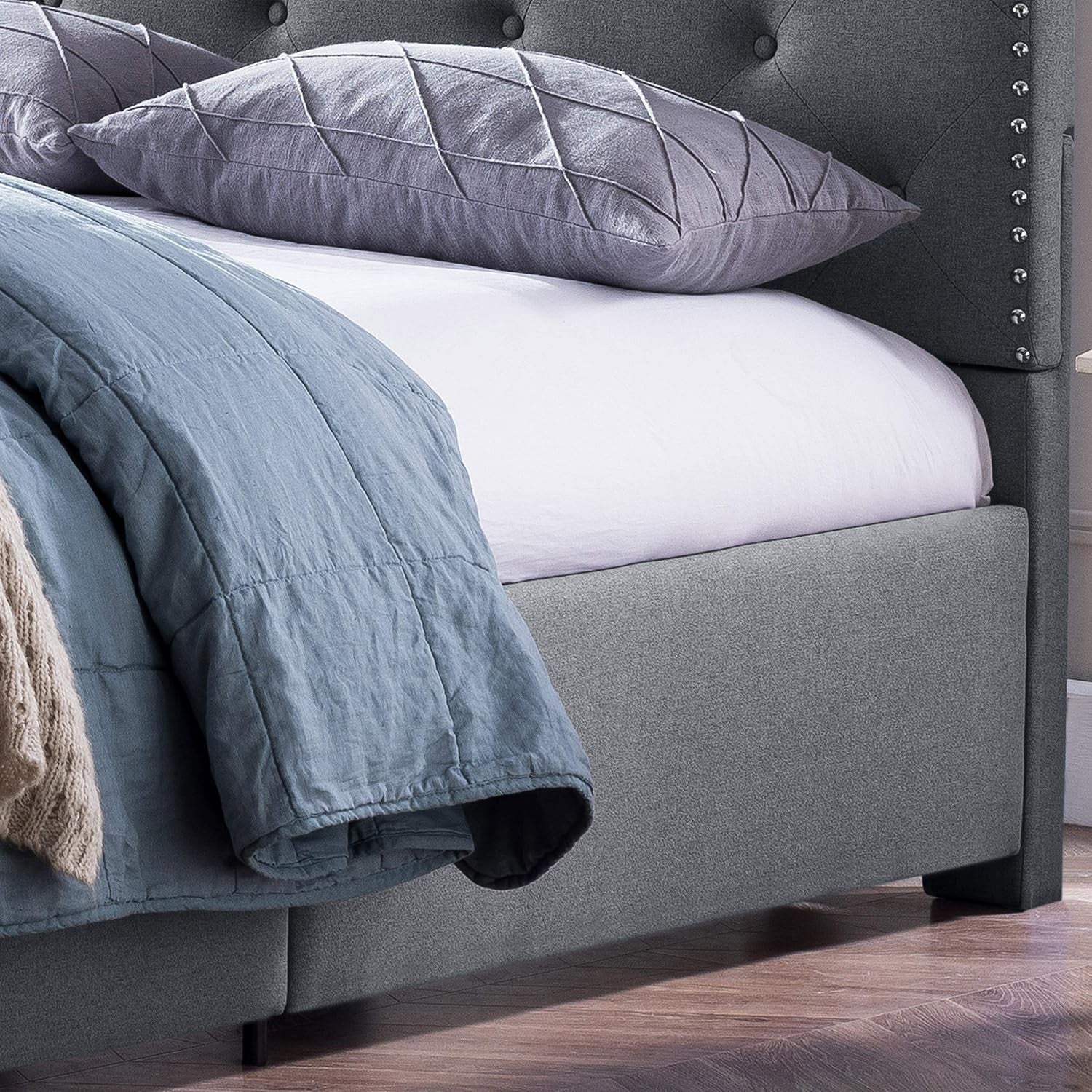 Gentry Queen-Size Bed Frame Fully-Upholstered Button-Tufted Light Gray