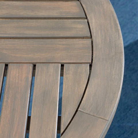 Brantly Outdoor Acacia Wood and Wicker 3 Piece Bistro Set with Cushions, Gray and Light Gray