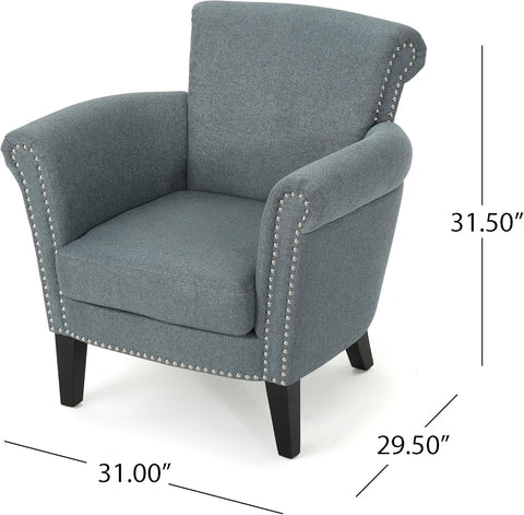 Brice Vintage Scroll Arm Studded Fabric Club Chair, Steel Blue / Dark Brown