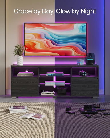 TV Stand with LED Lights for Tvs up to 70 Inch, Entertainment Center with Open Glass Shelves, 2 Cabinets with Doors, 63-Inch Long, TV Console for Bedroom Living Room, Black ULTV330T21