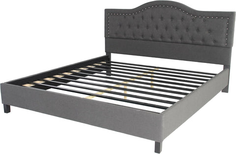 Margaret Fully-Upholstered Traditional King-Sized Bed Frame, Dark Gray, Brown